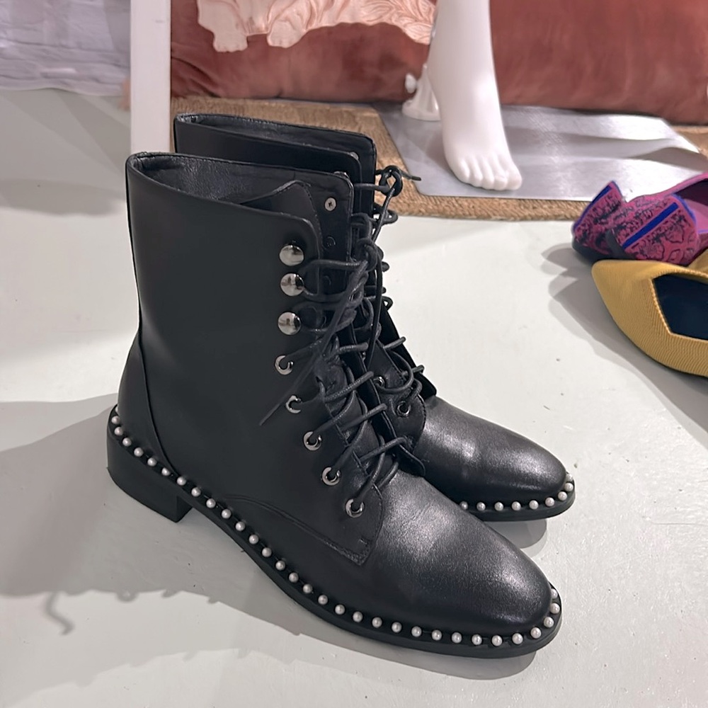 Vero Cuoio Black Combat Moto Boots with Stud Detailing